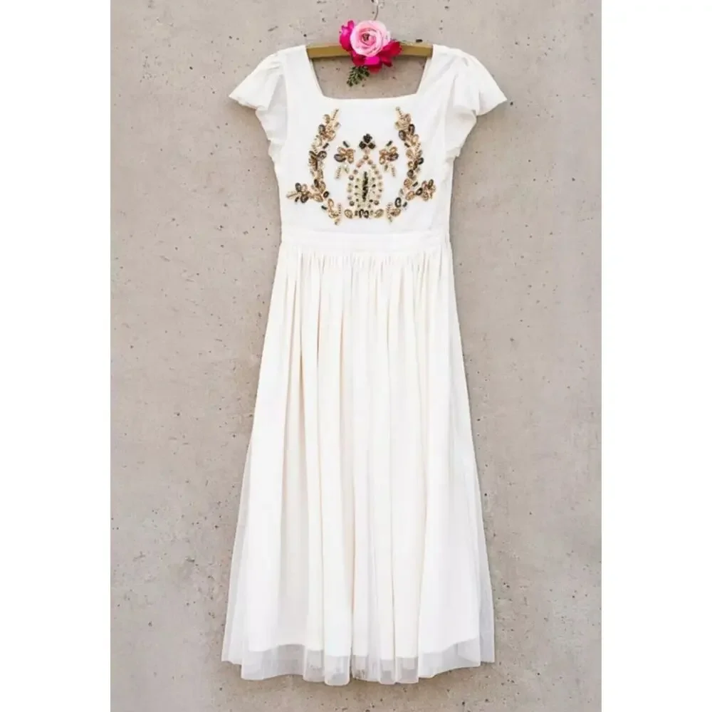 Mia Joy Girls Ivory Maxi Dress With Gold Embellished Bodice Flutter Sleeves & Fl - Picture 13 of 16